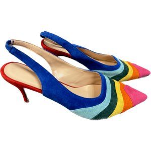 LEHOOR Women Rainbow Slingback Pumps Kitten Heels Pointed Toe Multicolor 9.5